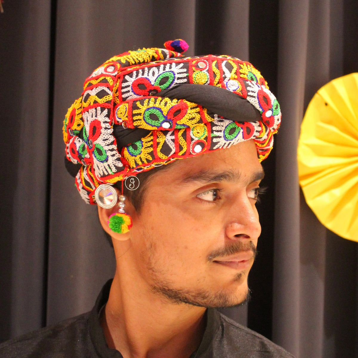 Black Gamthi Style Multicoloured Embroidered Pagdi