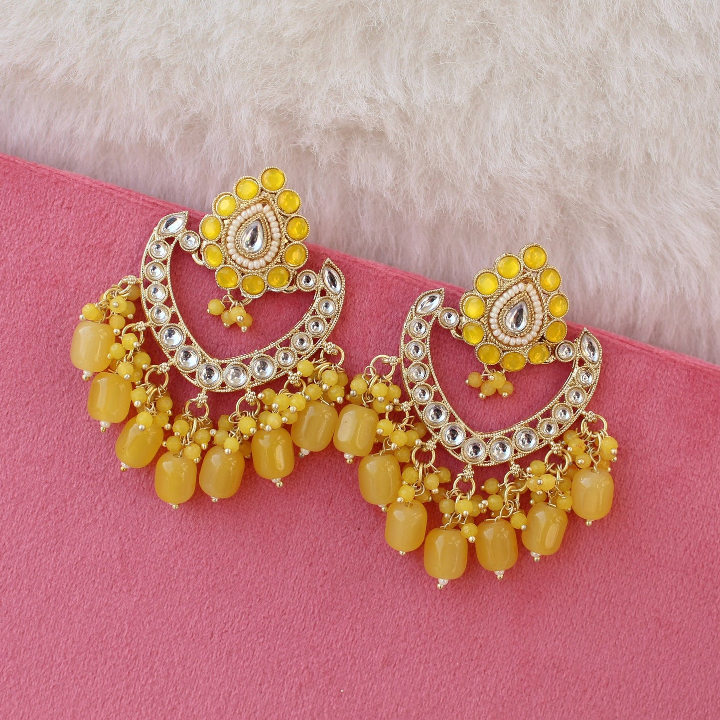 Yellow Kundan & Beads Embellished Earrings