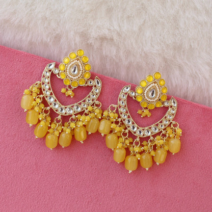 Yellow Kundan & Beads Embellished Earrings