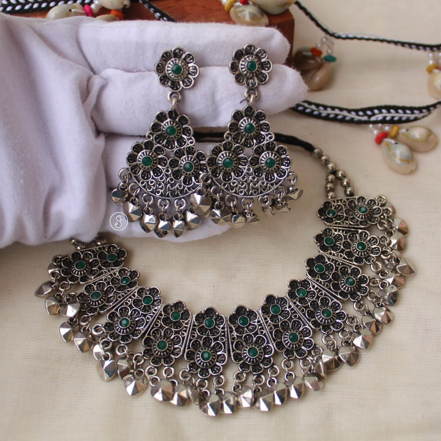 Green Stones Work Oxidised Silver Necklace Set