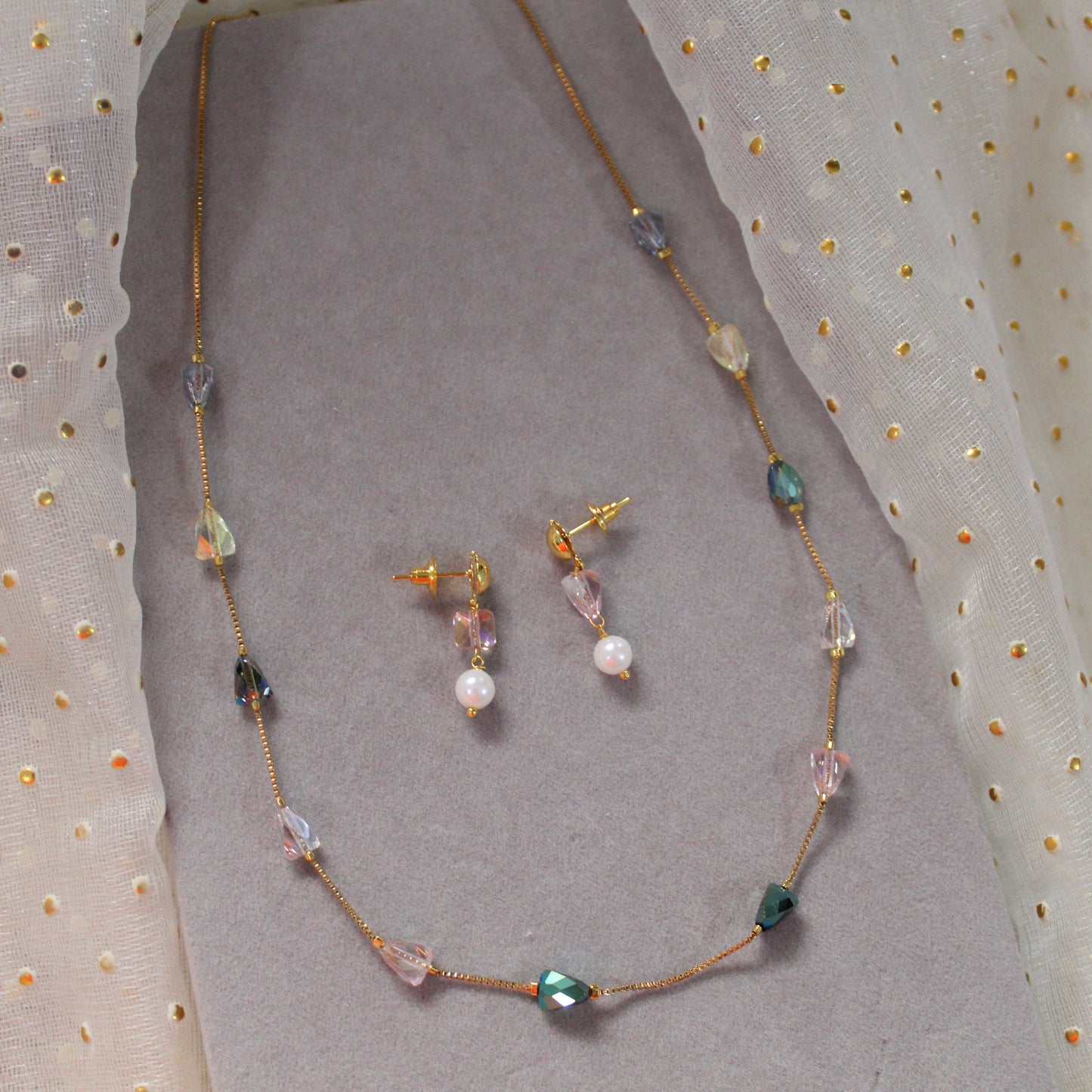 Crystal Beads Gold-Plated Chain & Earrings Set