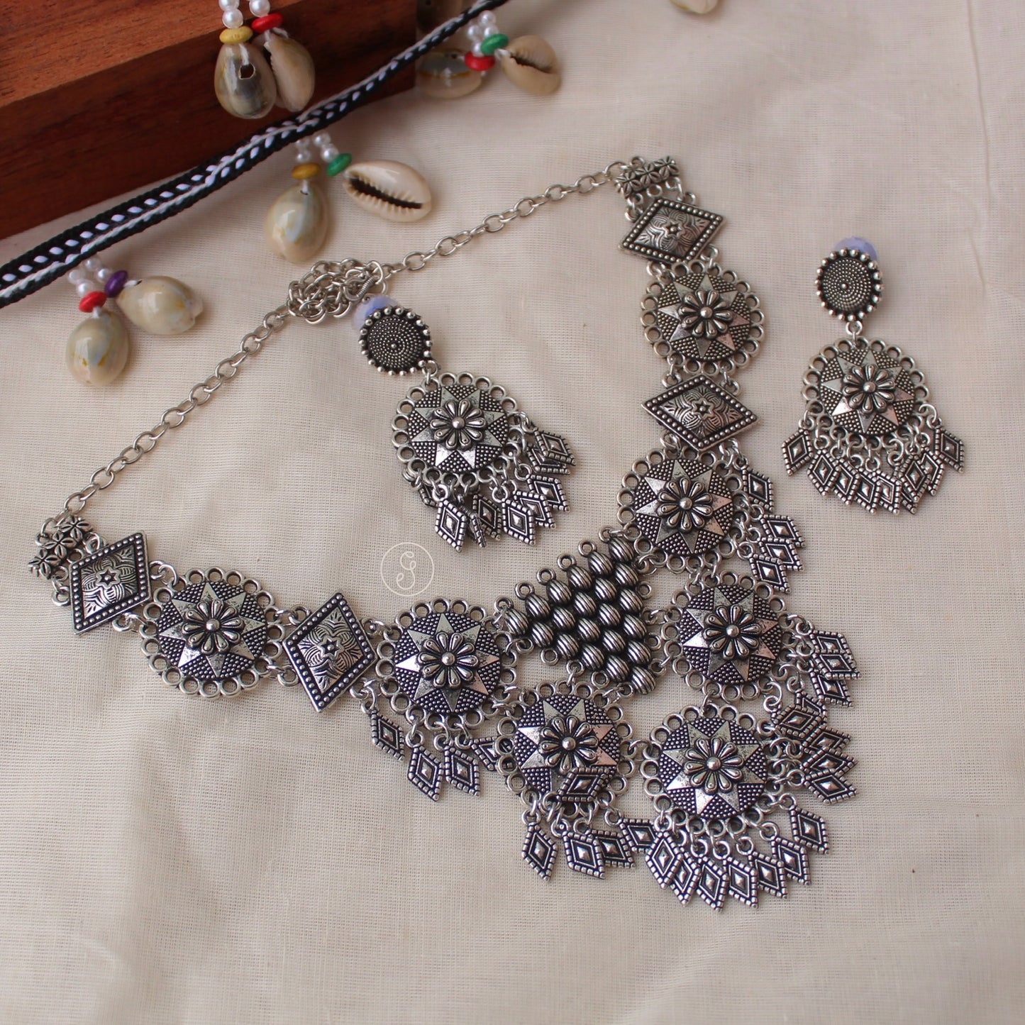 Arabic Design Oxidised Silver Necklace Set