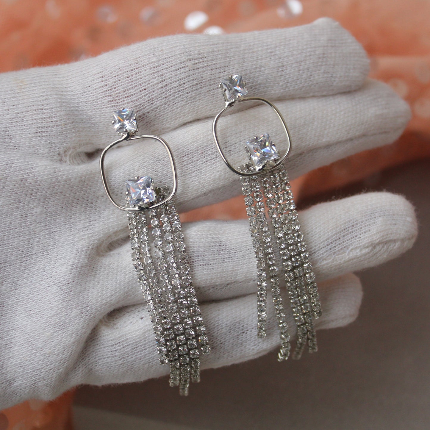 Silver Diamonds Embellished Long Earrings