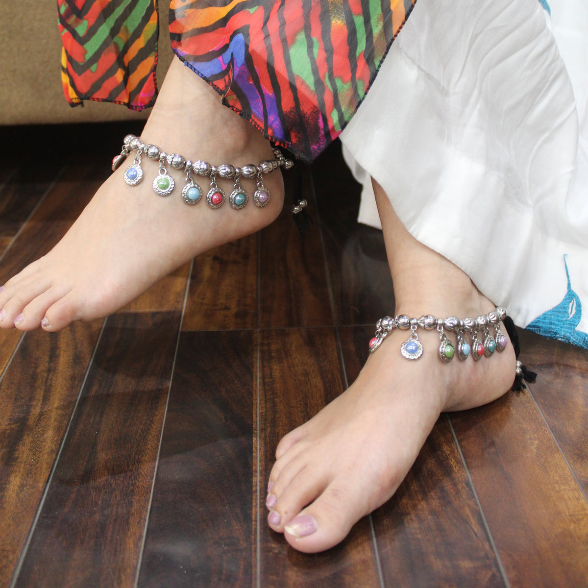 Adjustable Anklets With Multicoloured Charms