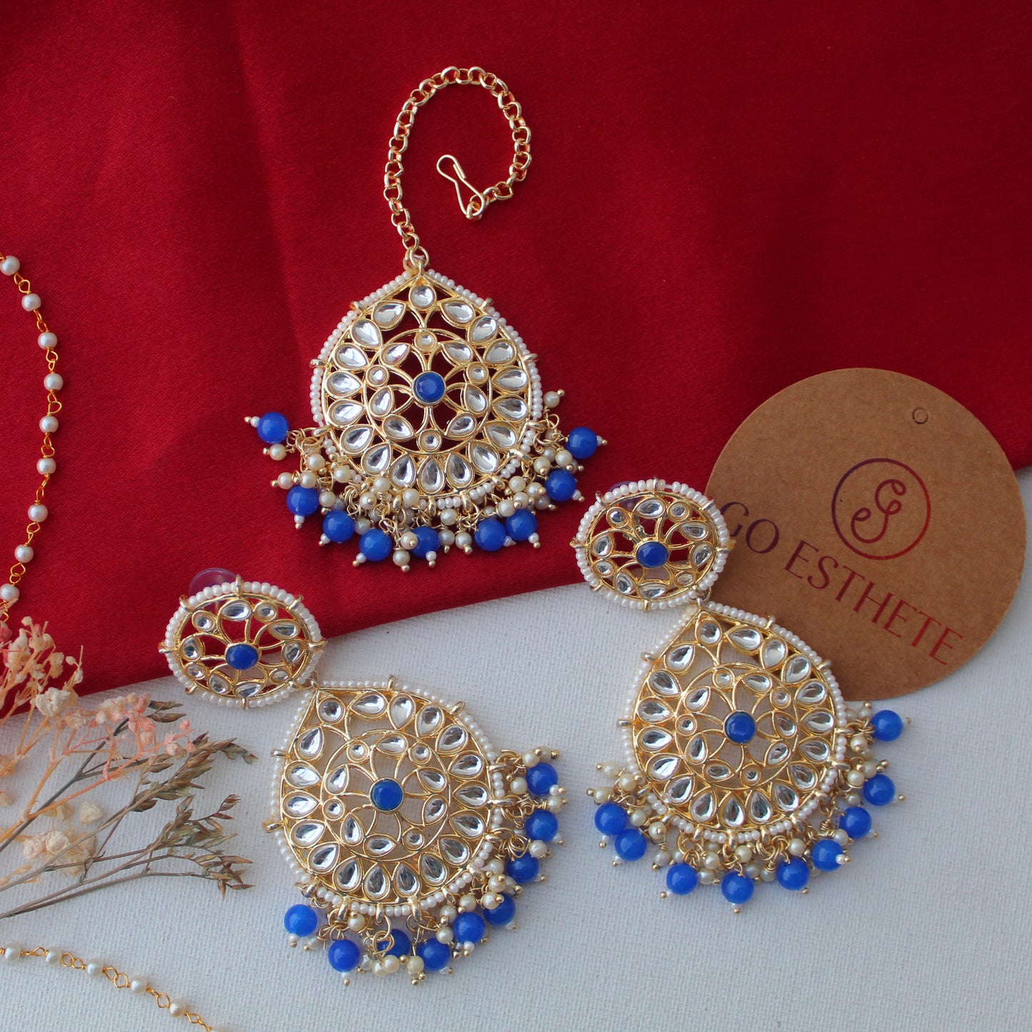 Blue Chandbali Earrings With Tika