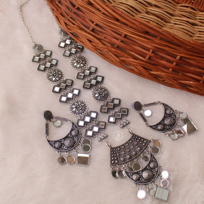 Long Mirror Work Oxidised Silver Necklace Set