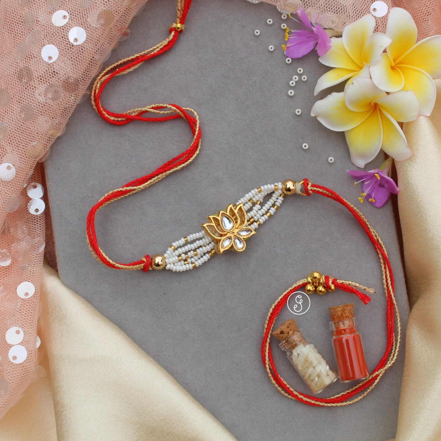 Lotus Pearl Rakhi with Beaded Bracelet Watch
