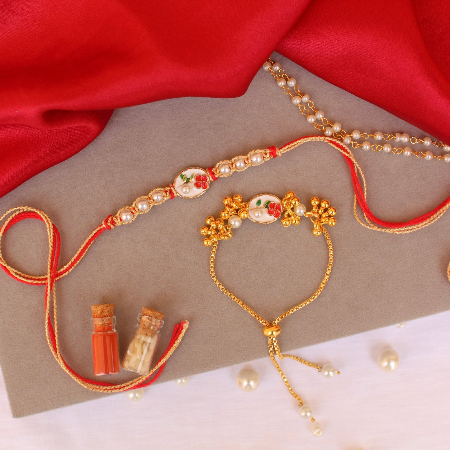 White Floral Rakhi & Bracelet Pair