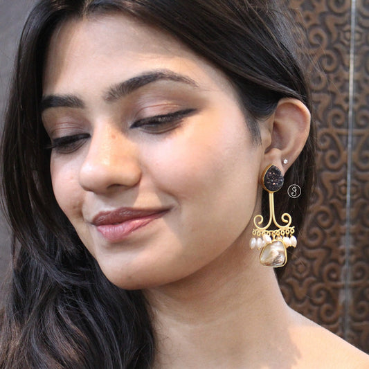 Brass Earrings with Natural Black & White Stones