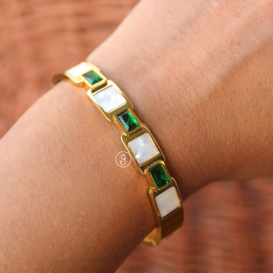 Green Stones & MOP Work Golden Bracelet