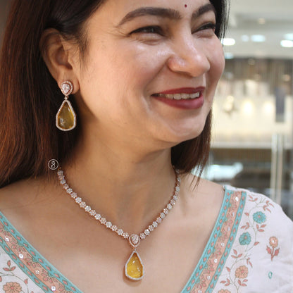 Rose Gold CZ Drop Necklace Set with Yellow Stone
