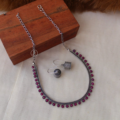 Pink Oxidised Silver Choker With Jhumki Earrings