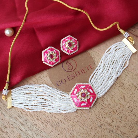 Pink & White Choker Necklace Set