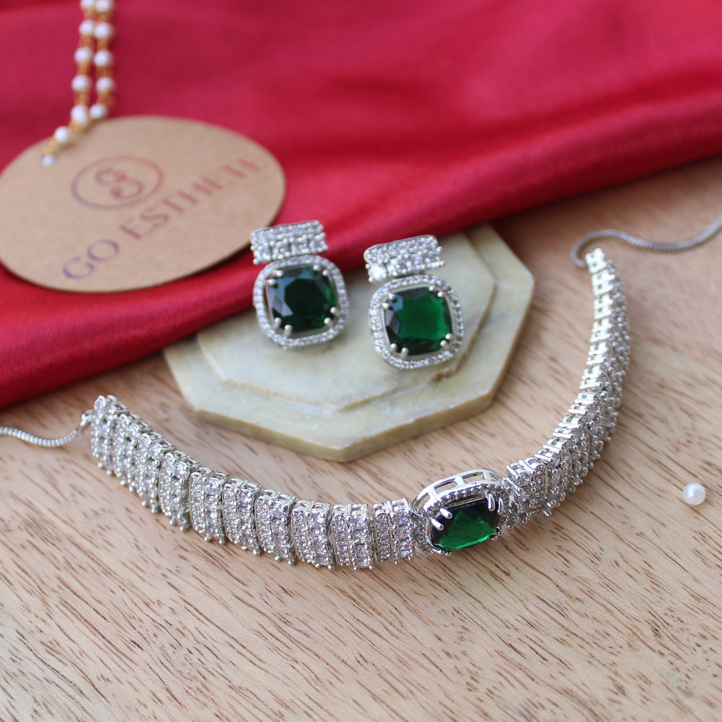 Green & Silver CZ Diamonds Choker Necklace Set