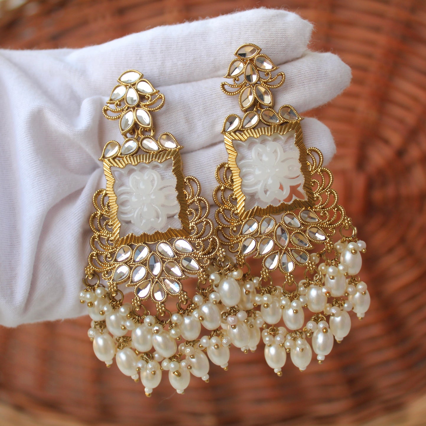 White & Golden Beautifully Carved Long Earrings