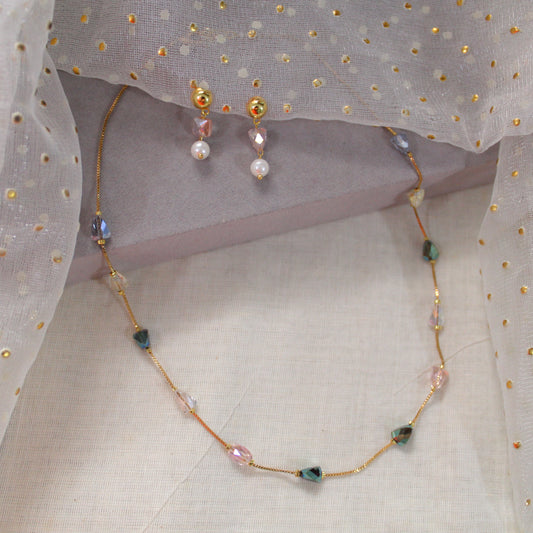 Crystal Beads Gold-Plated Chain & Earrings Set
