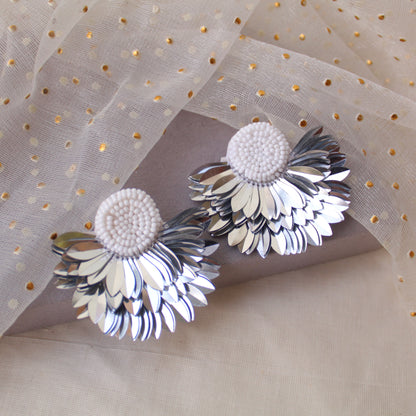 Silver Feather Pattern Beaded Earrings