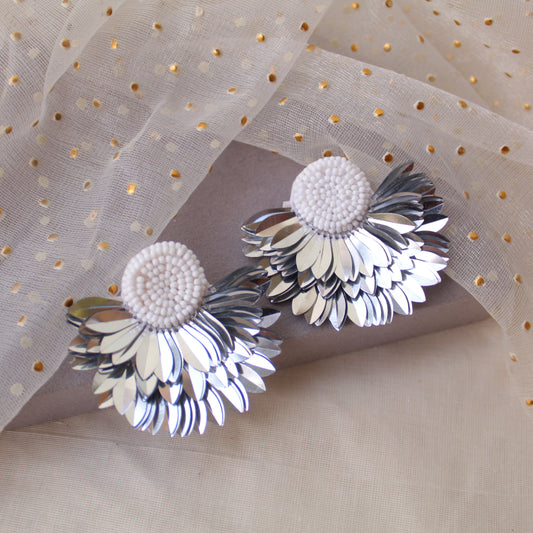 Silver Feather Pattern Beaded Earrings