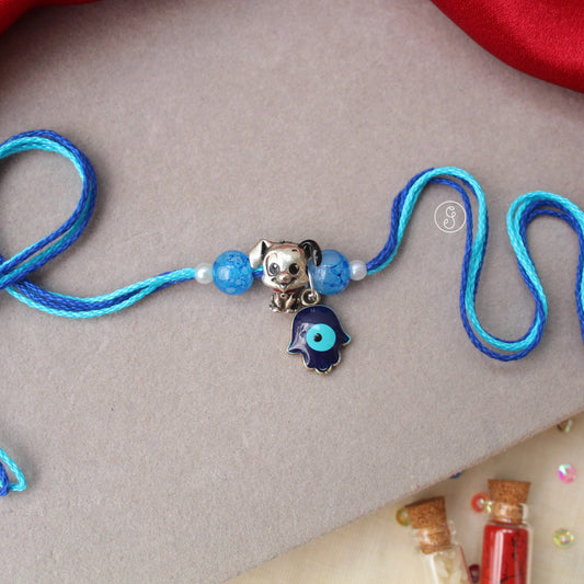Blue Puppy Charm Pet Rakhi with Hamsa & Evil Eye