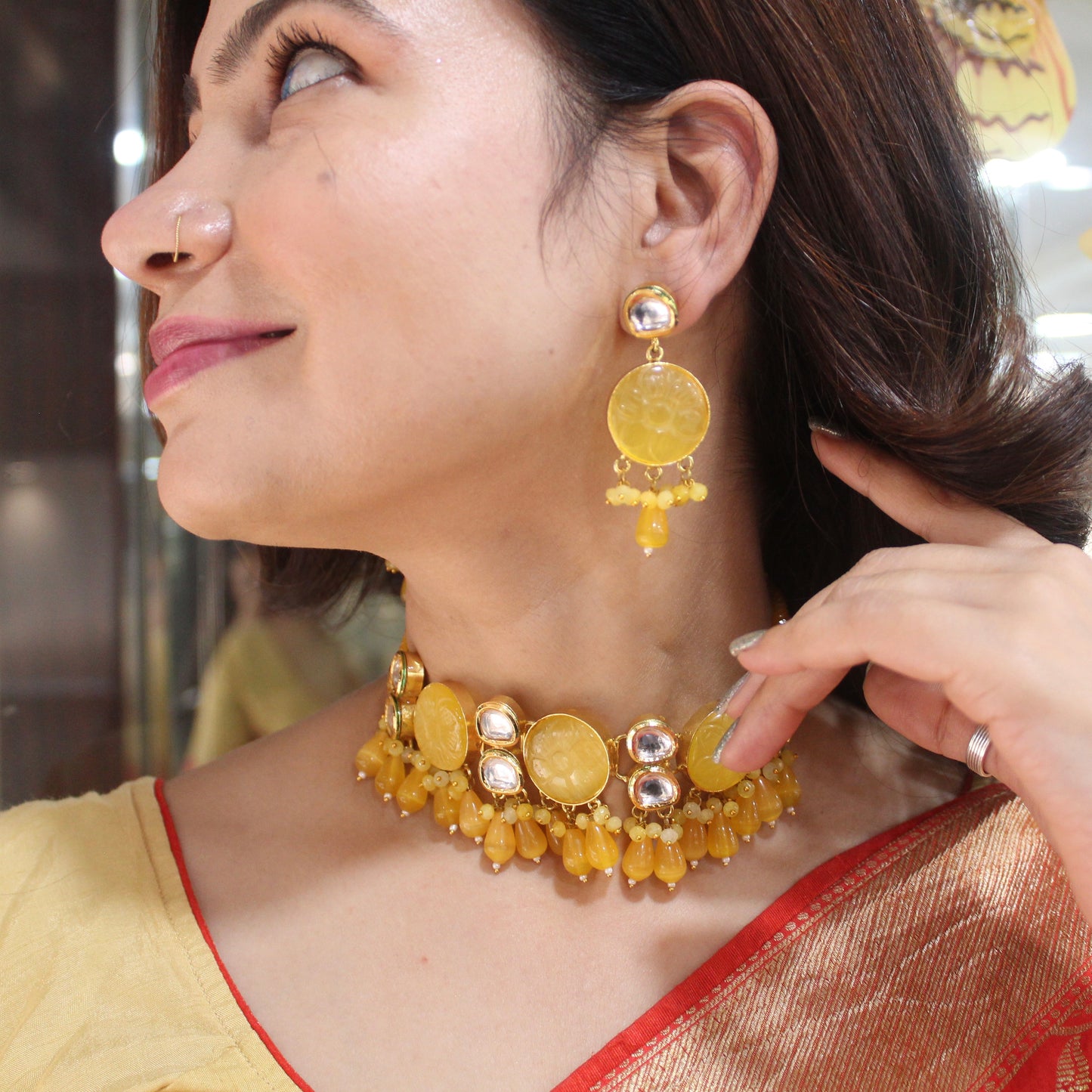 Yellow Crystals,Stones & kundan Embellished Set