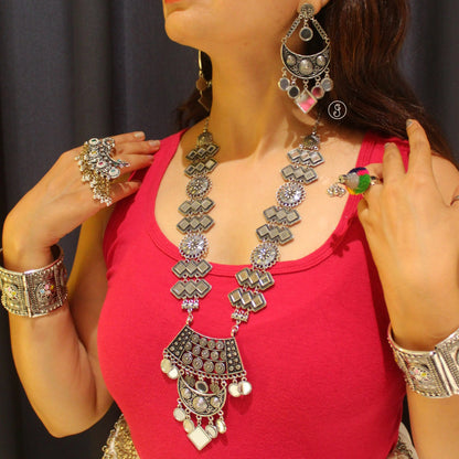 Long Mirror Work Oxidised Silver Necklace Set