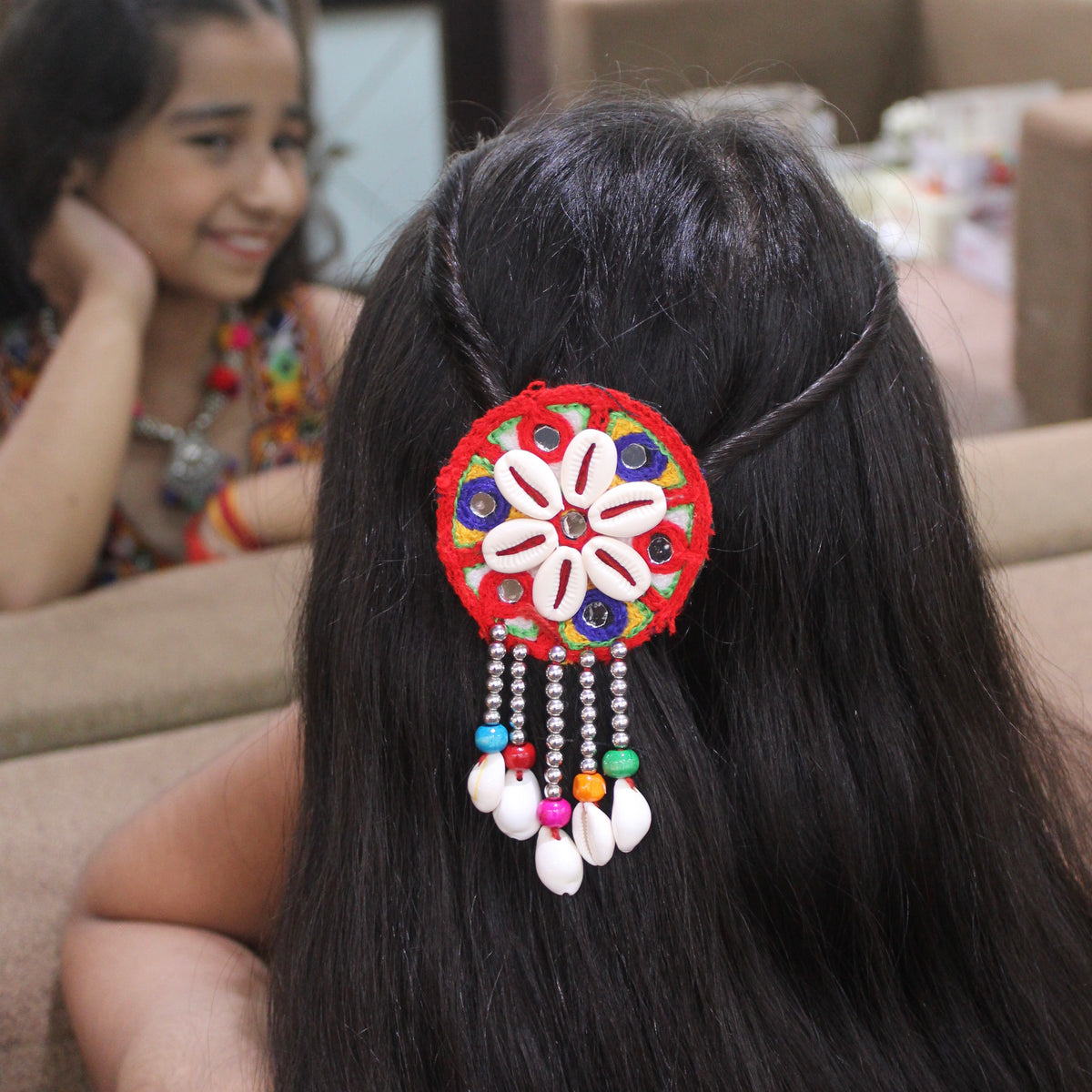 Multicolor Embroidered Mirror Work Hair Brooch Clip