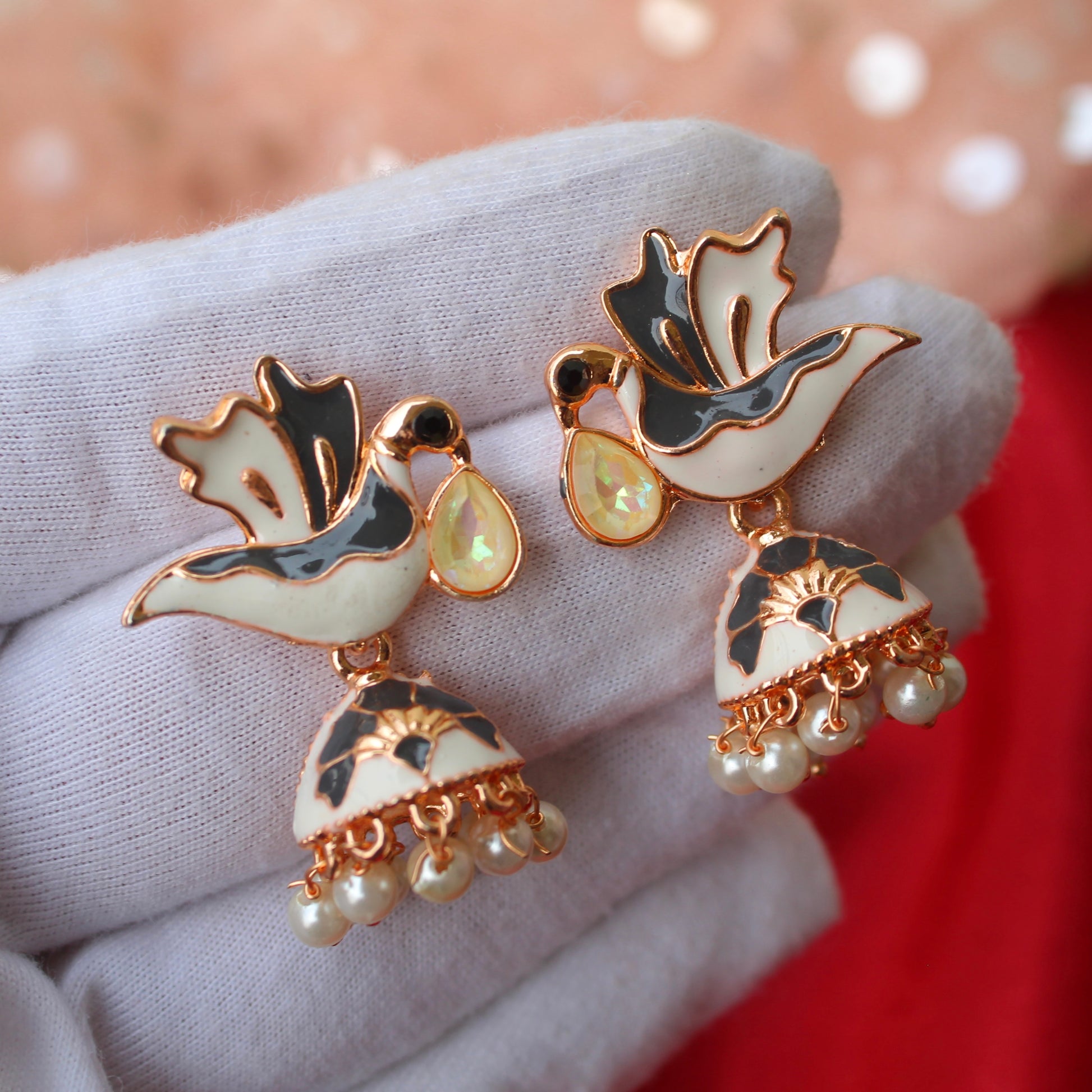 White Bird Design Mini Meenakari Jhumki - Main Image