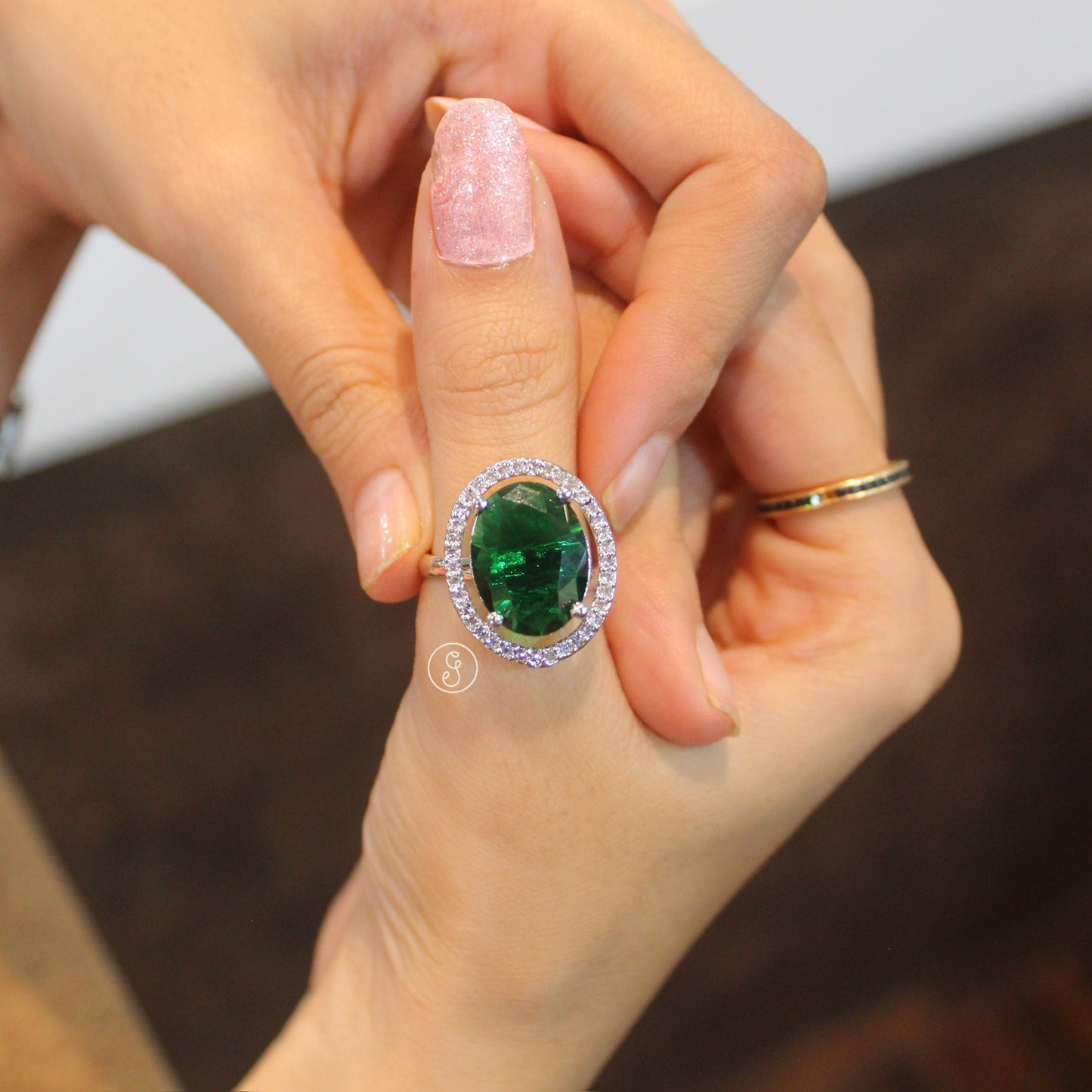 Emerald Green Diamond Studded Adjustable Ring