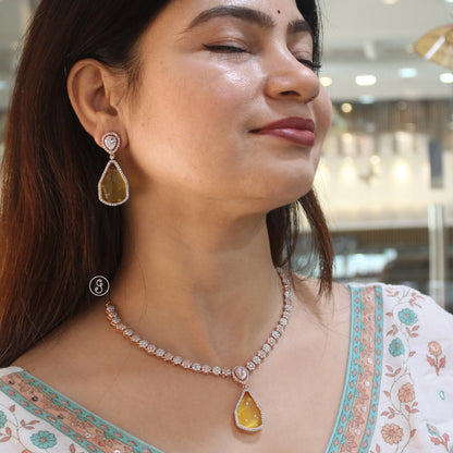 Rose Gold CZ Drop Necklace Set with Yellow Stone