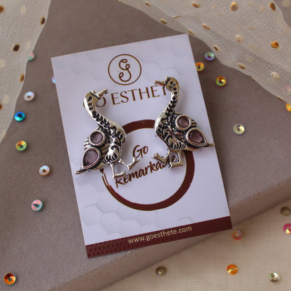 Cute Oxidised Silver& Pink Duck Stud Earrings