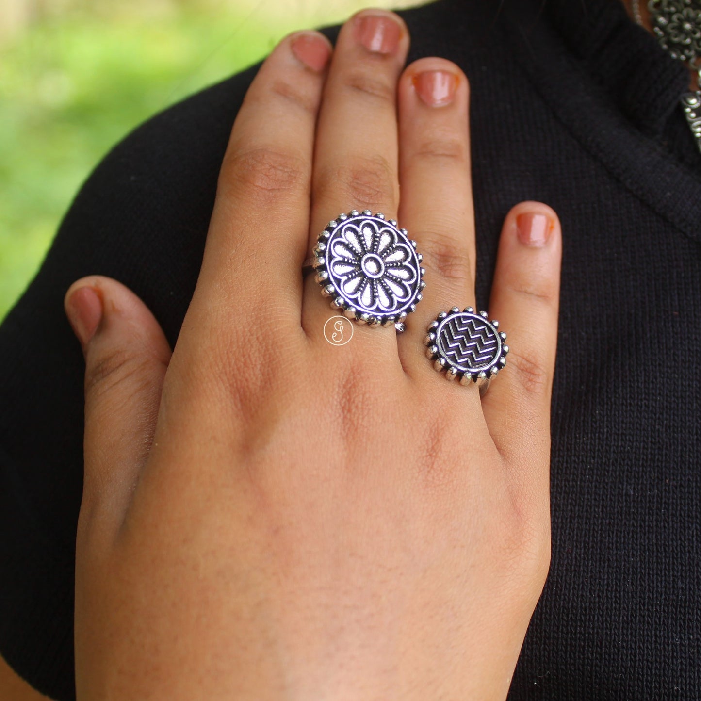 Designer Oxidised Silver Two Fingers Ring