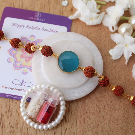 Ocean Blue Stone & Rudraksh Work Rakhi