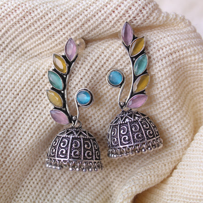 Multicoloured Stones Work Oxidised Jhumki