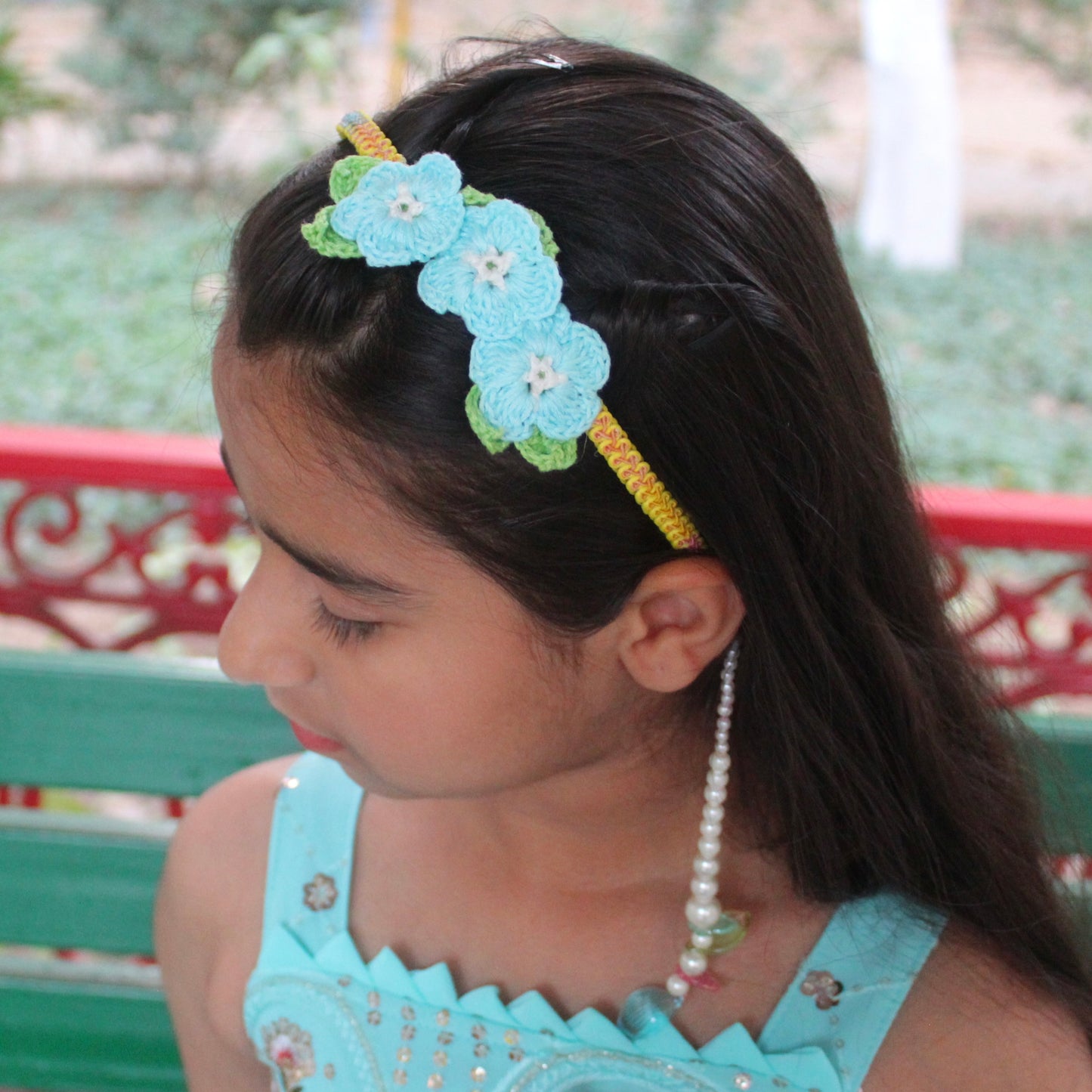 Handcrafted Crochet Flower Hairband with Pearl Hangings