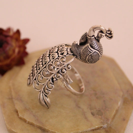 Pretty Peacock Design Oxidised Silver Ring