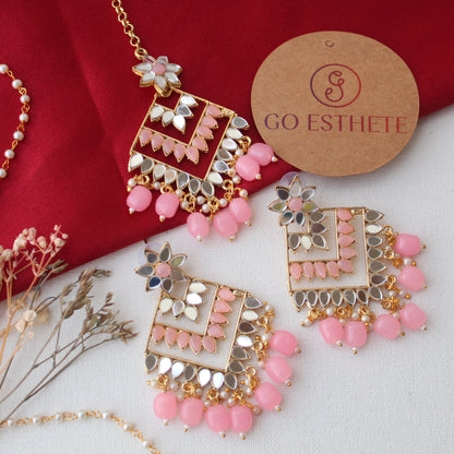 Baby Pink Mirror Work Earrings With Maang-Tika