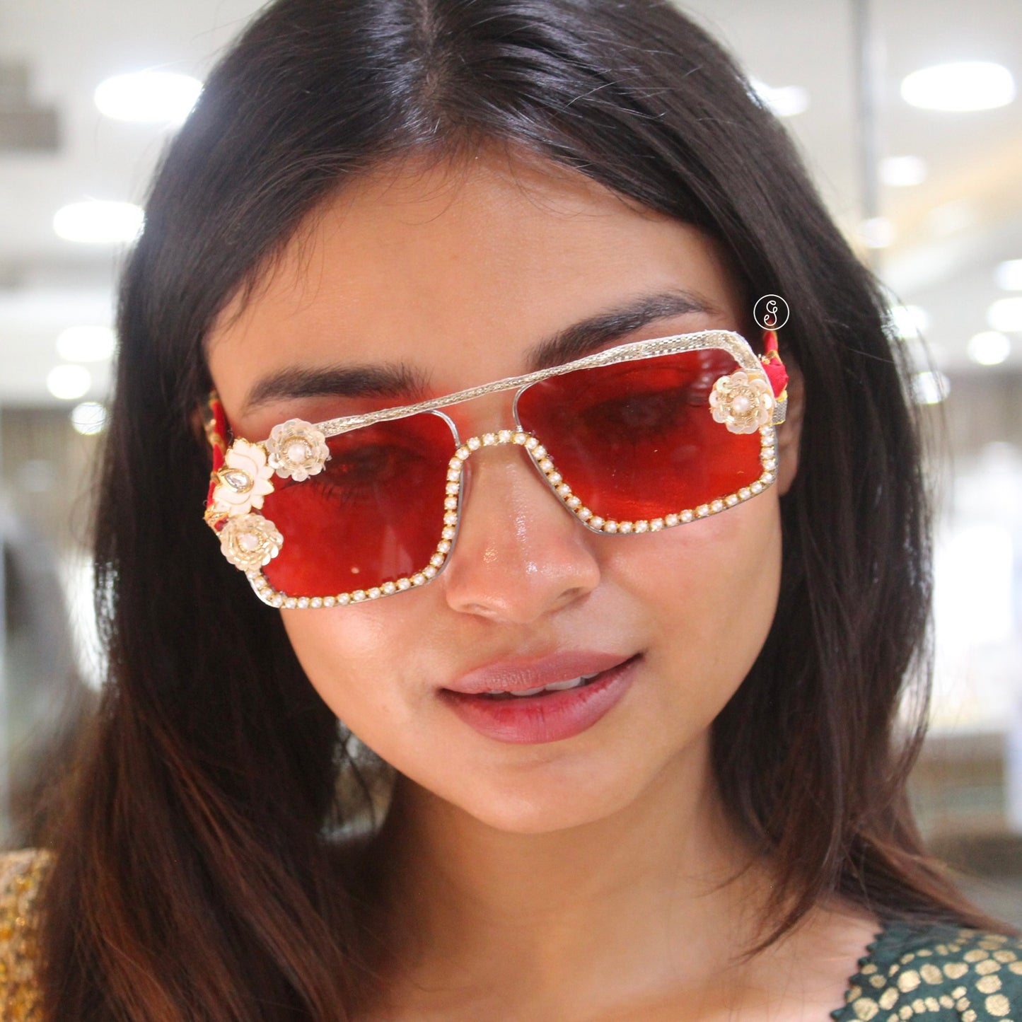 Red Pearl Embellished Statement Sunglasses