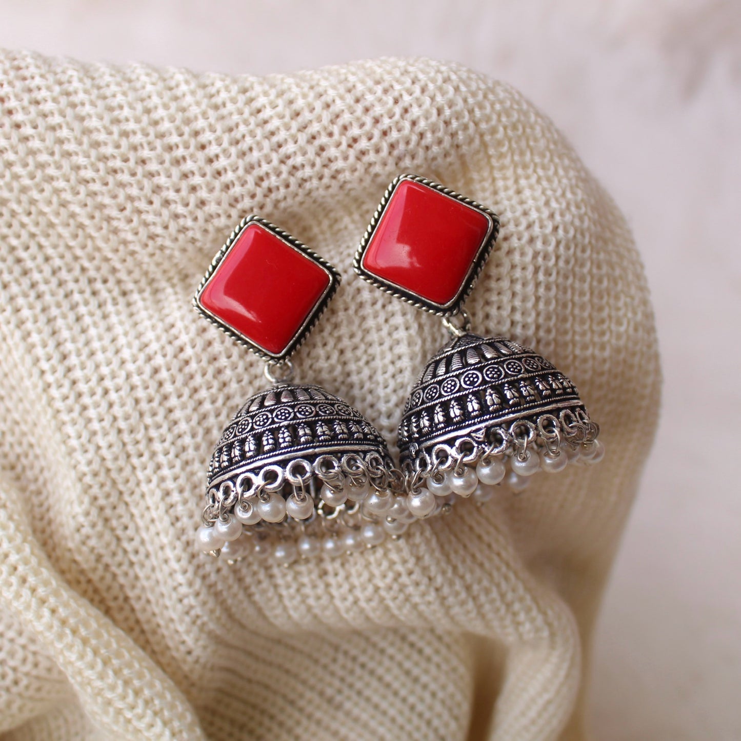 Red Stone Work Stunning Jhumki Earrings