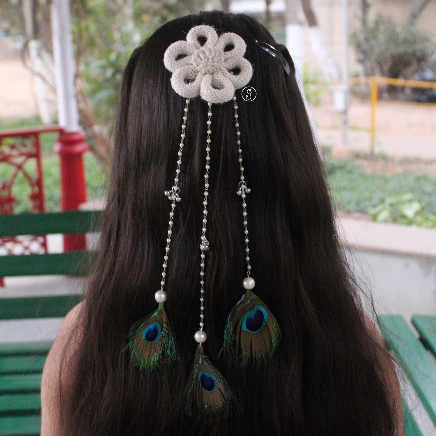 White Jute Flower Hair Clip with Peacock Feather Hangings