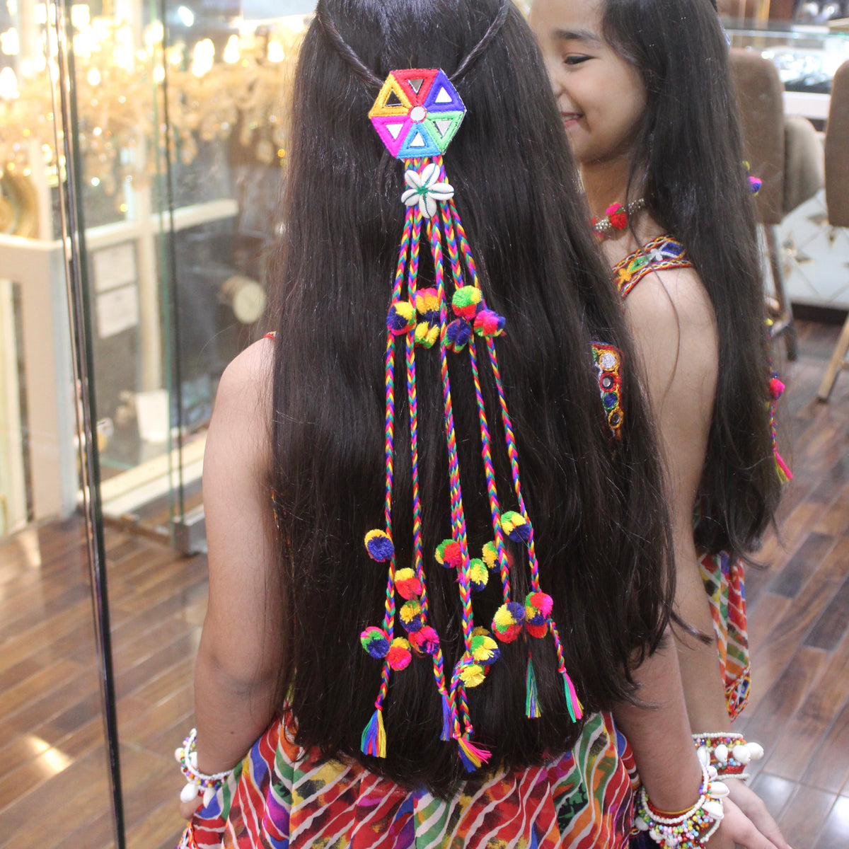 Vibrant Mirror Work & Pom-Pom Hair Brooch Clip