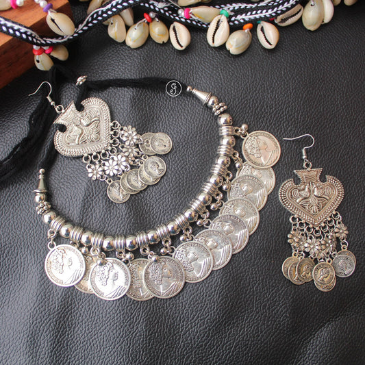 Oxidised Silver Coins Design Choker Set