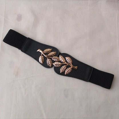 Classy Golden Leaf Motif Stretchable Waist-belt