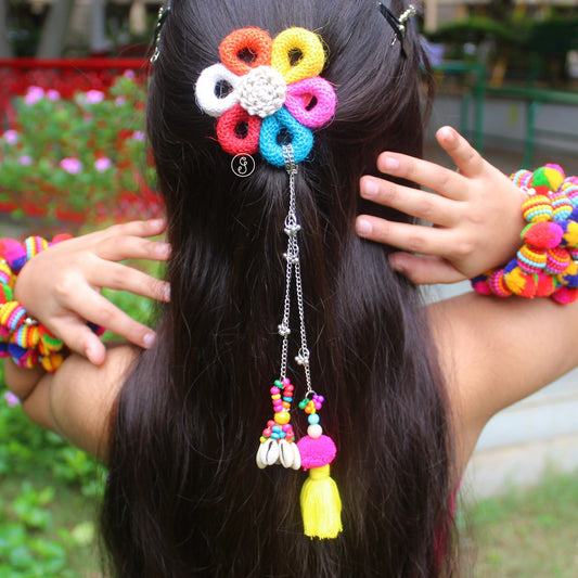 Beautiful Colourful Jute Flower Hair Clip With Pretty Strings