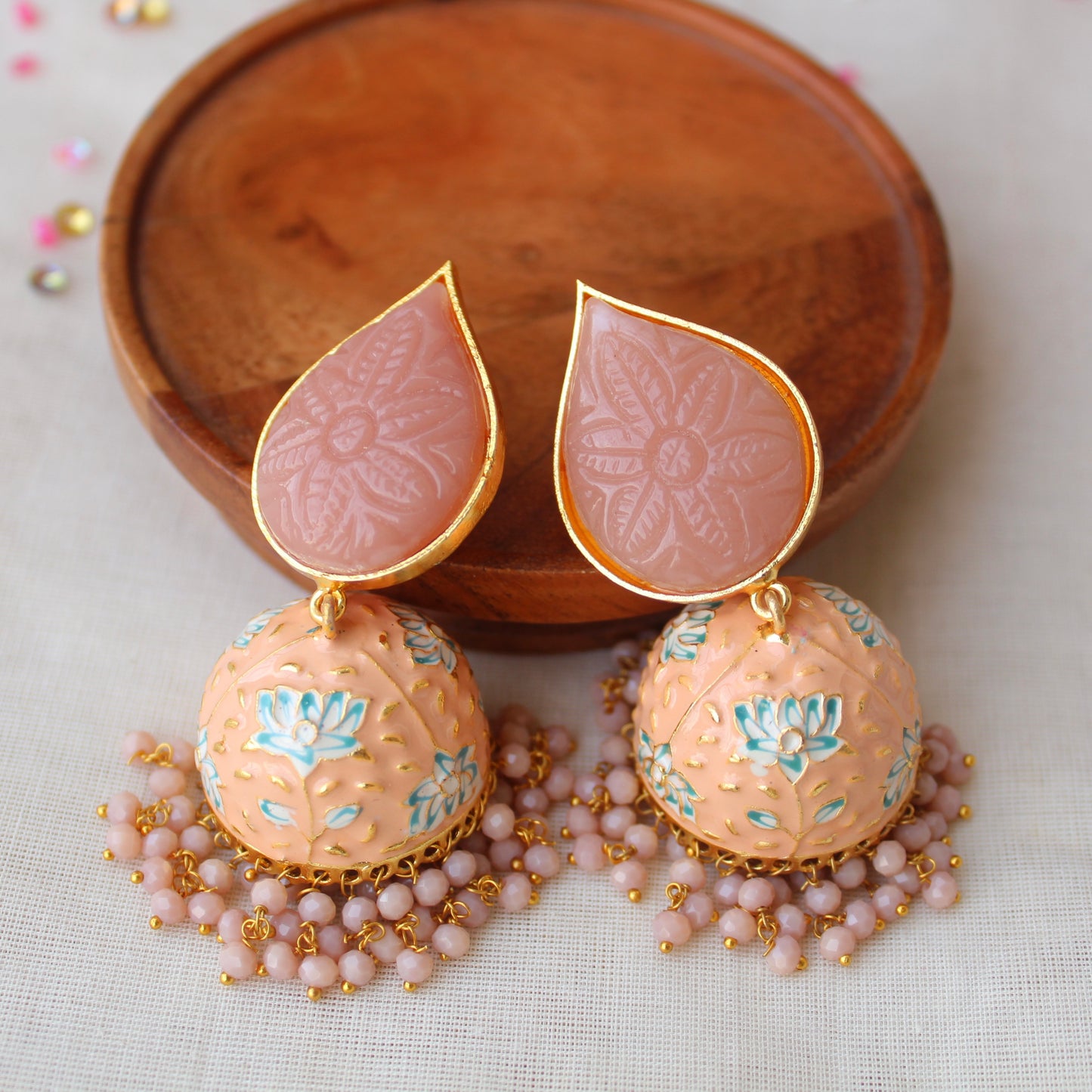 Premium Peach Stones & Crystals Work Jhumki