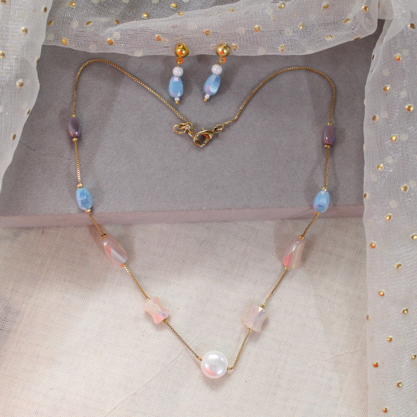 Elegant Multi Beads Gold-Alike Chain & Earrings