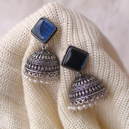 Blue Monalisa Stone Work Oxidised Jhumki