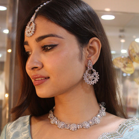 Reverse Diamond Silver-Tone Choker Set With Tika