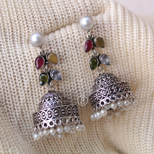 Multicoloured Stones Work Oxidised Jhumki