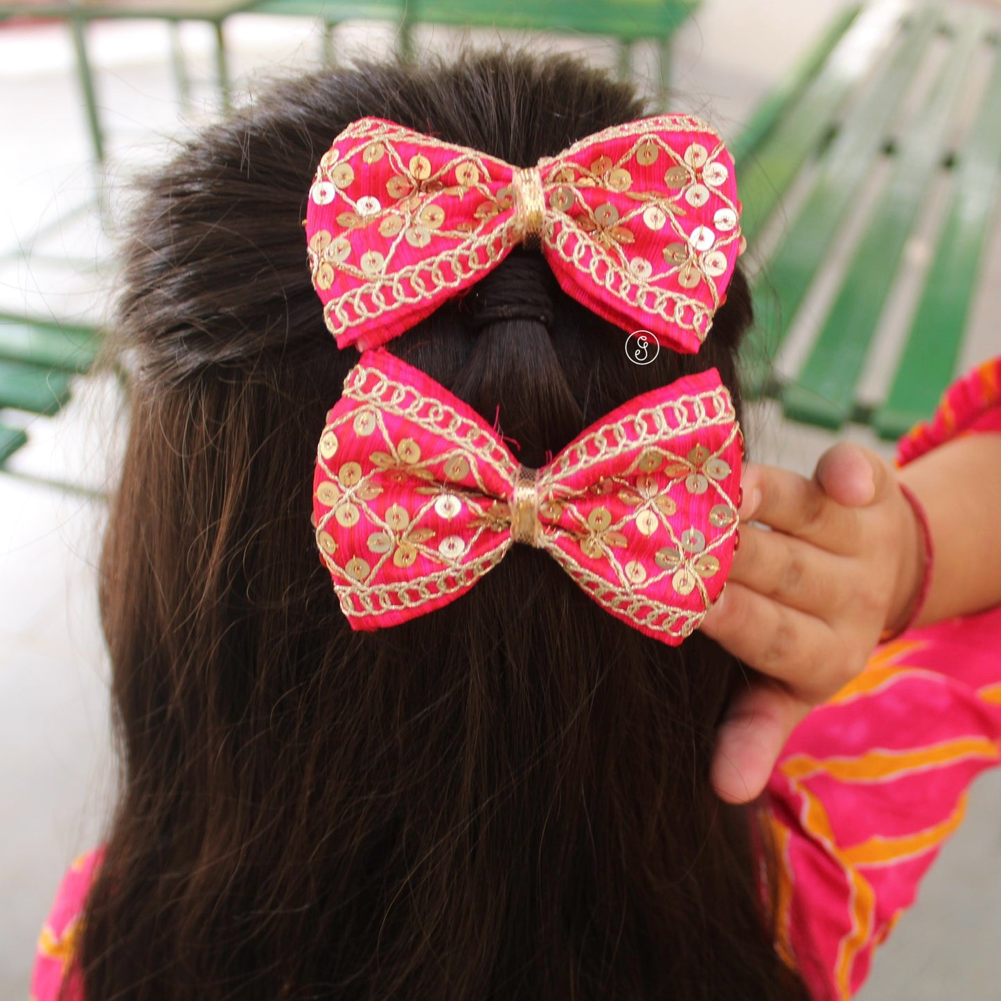 Hot Pink Embroidered Ethnic Bow Hair Clip