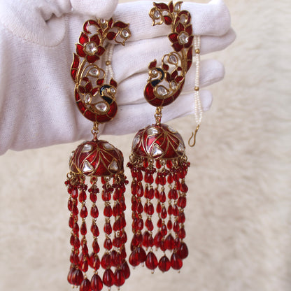 Red Ethnic Long Jhumki With Earcuffs